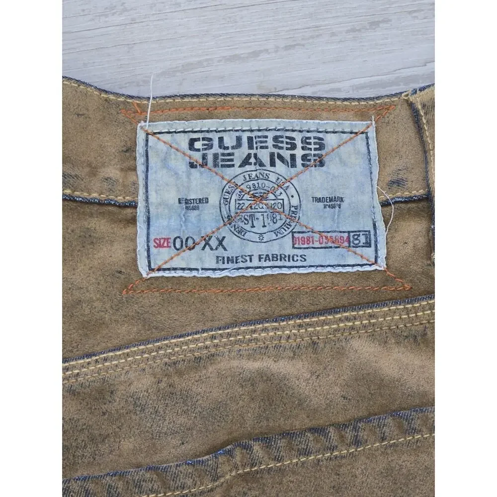 Vtg Y2K Guess Premium 00 XX Tiger Stripe Jeans 36 Baggy Coated Denim Flocked Bro